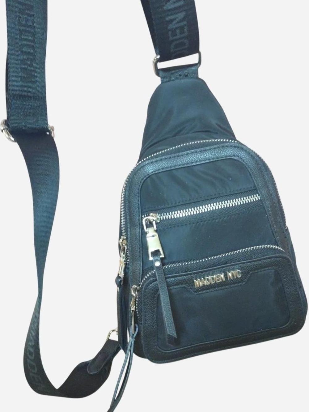 Madden NYC Black Mini Crossbody Sling Canvas Bag w Zippers - Picture 2 of 8